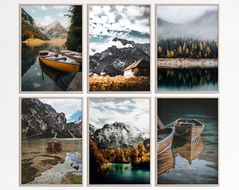 Set of 6 Nature prints rustic lake printable photography Lake house wall gallery set of 6 pieces Mountain Print set of 6 vertical posters