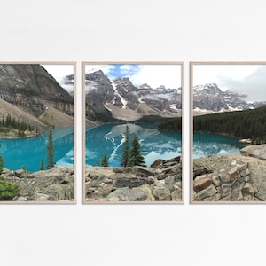 Moraine lake Canada printable triptych above bed decor Landscape nature lake house posters pine forest winter lake mountain digital wall art