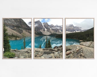 Moraine lake Canada printable triptych above bed decor Landscape nature lake house posters pine forest winter lake mountain digital wall art
