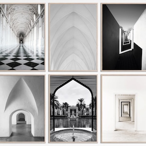Minimalist Art print set of 6 Black and white Photography Archway Door Print, Architecture Print set, Light and Shadows Digital photo prints