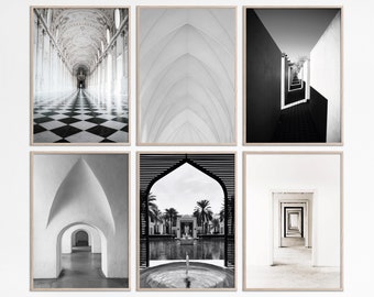Minimalist Art print set of 6 Black and white Photography Archway Door Print, Architecture Print set, Light and Shadows Digital photo prints