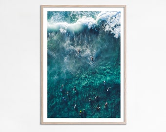 Surfers Aerial photo print, Coastal Wall Art, Summer Tropical Ocean Photo Beach Themed Room, Surf Poster, Surf Wall Art, Teal tropical waves