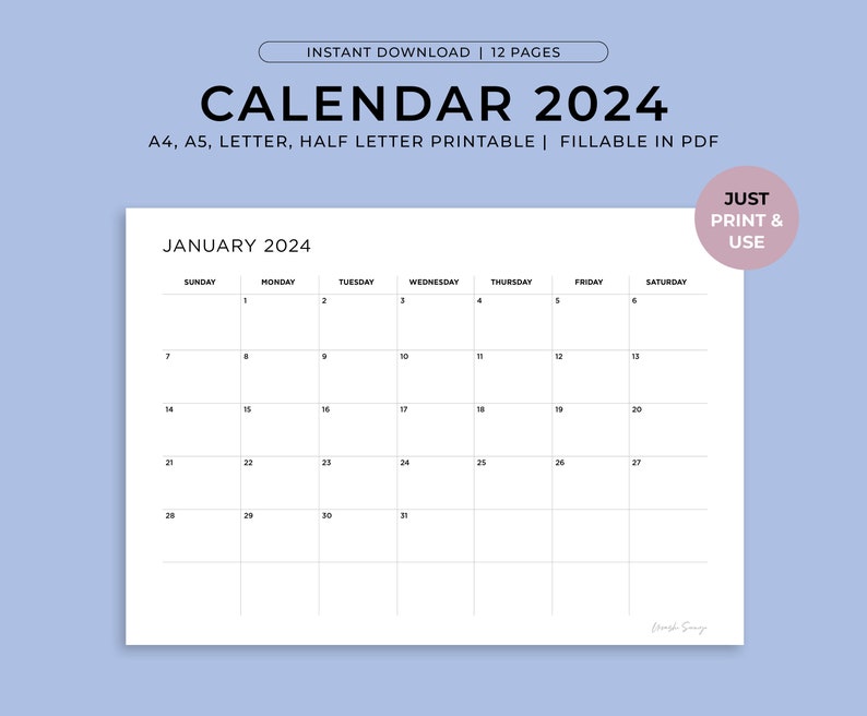 Printable Calendar 2024 Monthly Planner 2024 Instant Download Printable