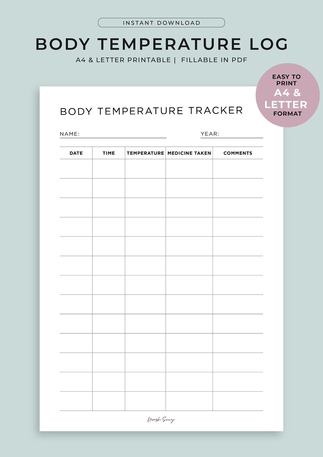 Body Temperature Log Fever Log Temperature Tracker Printable & PDF