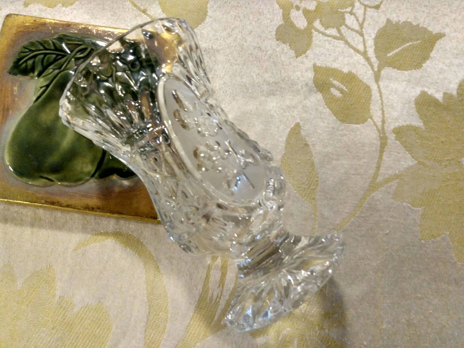 New Vintage Crystal Glass Flower Etched Vase Mid Century Etsy