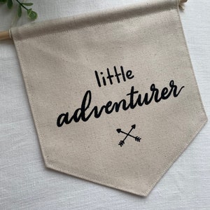Little Adventurer Canvas Banner | Neutral Explorer Nursery Decor | Jungle Wall Decor | Flag Pennant Wall Hanging