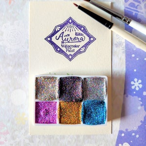 Holographic watercolor palette handmade mini set | iridescent shimmering magical sparkling glitter opaque paint gold silver metal pink blue
