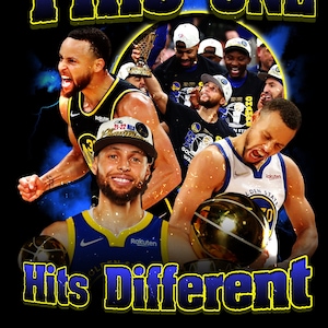 May include: A graphic design featuring a basketball player holding a basketball trophy with the text "This One Hits Different" in yellow and blue letters.
