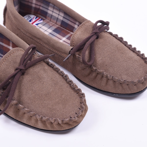 Damen Braun Suede Hard Sole Mokassins handgefertigt in Großbritannien