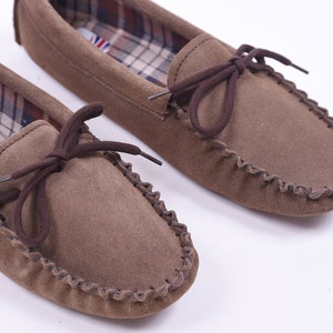 Ladies Brown Suede moccasin slippers handmade in the UK