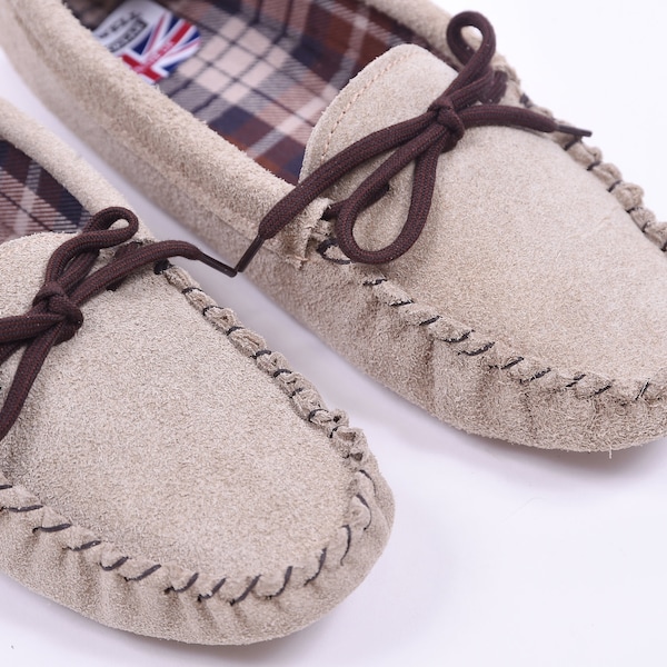 Ladies Beige Suede Moccasin Slippers handmade in the UK