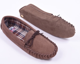 Mens Brown Suede Moccasin Slippers handmade in the UK