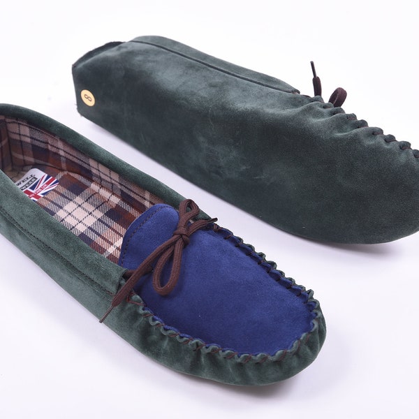 Men’s Green/Blue Suede Moccasins handmade in the UK