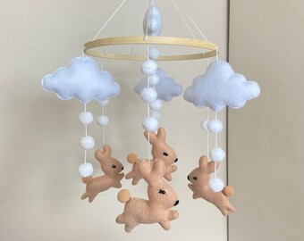 Felt Bunny Baby Mobile: Woodland Nursery Decor with Clouds