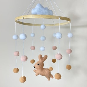 Felt Bunny Baby Mobile: Jumping Rabbit, Cloud & Pompons