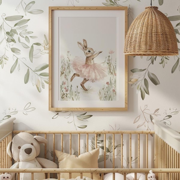 Lámina de conejito bailarín caprichoso – Conejo de cuento de hadas en acuarela, decoración infantil en tonos pastel, arte animal cottagecore