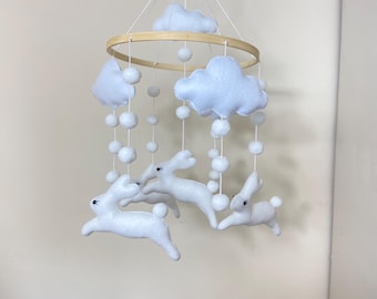 Handmade Bunny Baby Mobile – Felt Nursery Decor – Woodland Rabbit Cot Mobile – Personalised Option