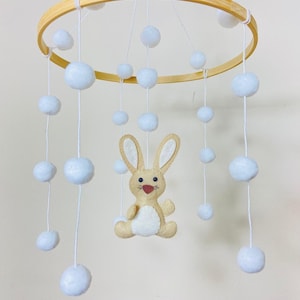 Handmade Bunny Baby Mobile: Felt Rabbit & PomPoms Nursery Decor