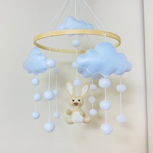 Handmade Bunny Baby Mobile: Felt Rabbit, Pompons & Clouds