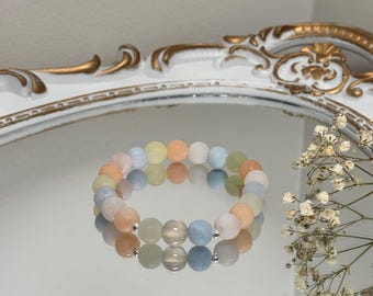 Handmade Matte Pastel Morganite Bracelet with Silver Plated Beads