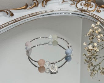 Natural Handmade 8mm Matte Morganite Opal Gemstone Stacable Bracelet with Silver Plated Charm