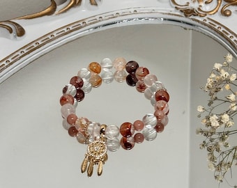 Natural Red Hematoid Quartz Bracelet with Gold Dreamcatcher Charm Holiday Gift for everyday wear