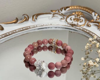 Handmade Rhodonite Crystal Bracelet, Cat Eye Charm, Gold & Silver Plated