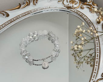 Natural Handmade Clear Poping Crystal Gemstone Bracelet with silver plated infinity flower charm