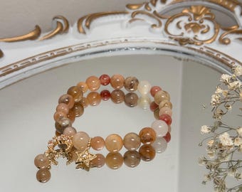 Handmade Sunstone Agate Beaded Bracelet, 14kt Gold Moon Star Charm