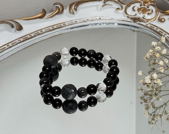 Natural Handmade Black Labradorite Larvikite Silver Sheen Obsidian Black Agate Clear Crystal Genstone Bracelet Unisex Style Him/her