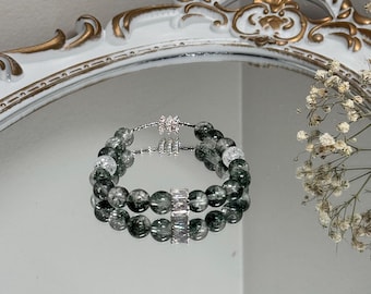 Natural Handmade Green Ghost Chorite Crystal Phantom Quartz Gemstone Bracelet with silver plated Charm