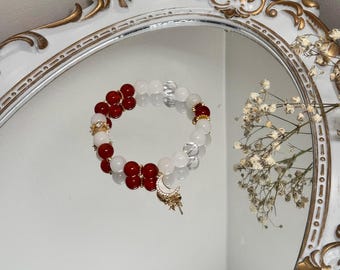 Handmade Natural 8mm Red & White Agate Stretch Beaded Bracelet with 14kt gold plate Moon Charm, Everyday Wear, Gift for her, Healing