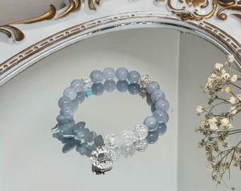 Natural Handmade 8mm mixed Aquamarine Gemstone bracelet with Silver Plated Charm Balancing Healing Self Care Everyday Wear Perfect Gift