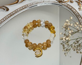 Natural Handmade Yellow Cherry Tea Quartz Crystal with White Agate Gold plated White Bunny Charm perfect for Thanksgiving and Easter Holiday