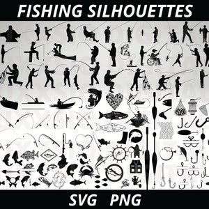 May include: A black and white silhouette image set of fishing themed illustrations. The set includes images of people fishing, fish, fishing rods, lures, nets, and other fishing equipment. The text "SVG PNG" is at the bottom of the image.