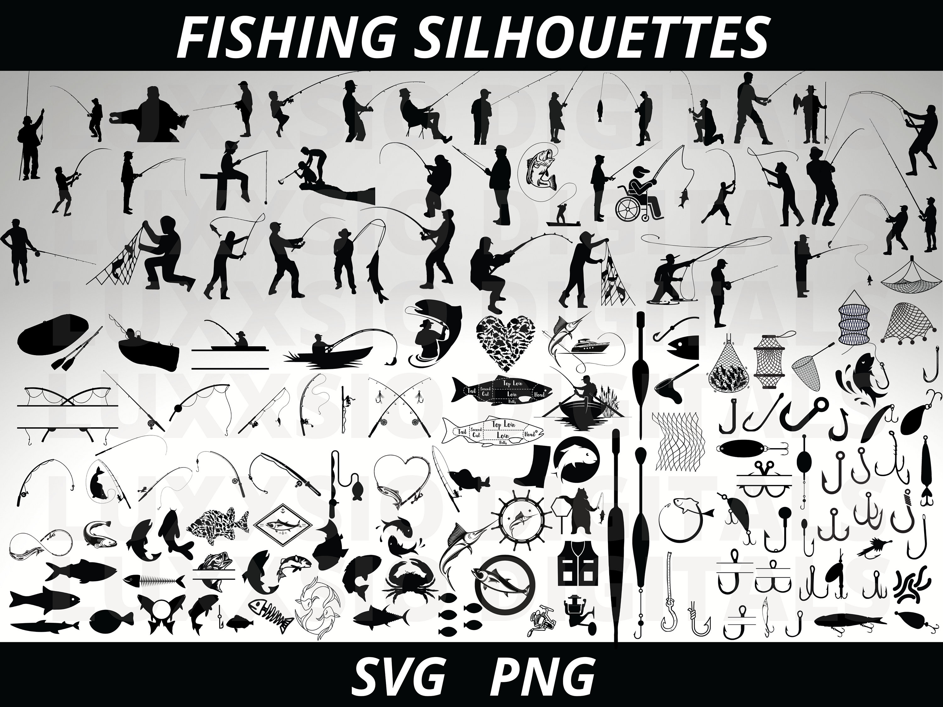 Fishing Silhouettes Svg, Fishing Equipment Svg, Fishing Monogram Svg, Fishing Hooks Svg, Fishing Lure Svg, Fishing Pole Svg,Fishing Nets Svg