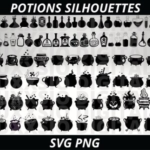 May include: A set of 100 black and white SVG and PNG silhouette images of potion bottles and cauldrons. The images are perfect for crafting, scrapbooking, and digital design projects.