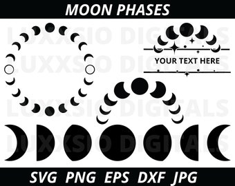 May include: Black and white moon phases graphic design with the text "MOON PHASES" at the top and "YOUR TEXT HERE" in the center. The design includes a full moon, crescent moon, and other moon phases.