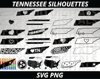 May include: A set of 16 black and white Tennessee state silhouette SVG and PNG files. The silhouettes include various designs, such as hearts, stars, and the words "Tennessee", "love", "home", and "est. 1796".
