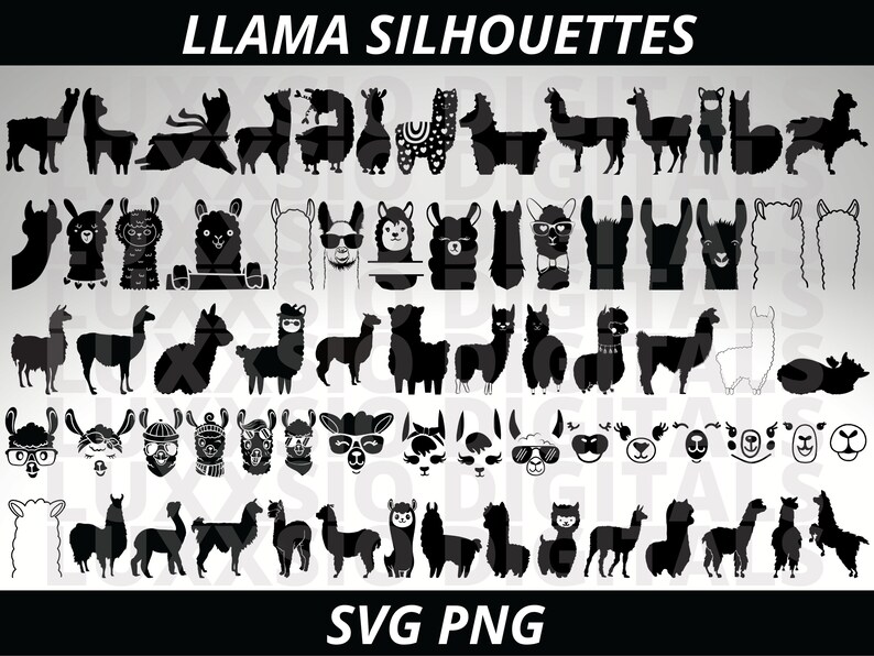 Peut inclure: Une collection de 60 silhouettes de lamas noires dans diff&eacute;rentes poses, y compris debout, assis et couch&eacute;. Les silhouettes sont parfaites pour les projets d'artisanat, le scrapbooking et la conception num&eacute;rique. SVG PNG.