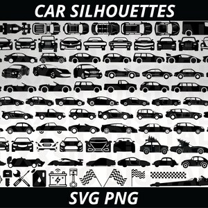 K&ouml;nnte beinhalten: Eine Sammlung schwarzer Autosilhouetten, darunter Limousinen, Lastwagen, SUVs und Sportwagen. Es gibt auch verschiedene Autoteile und Zubeh&ouml;r, wie einen Schraubenschl&uuml;ssel, einen Reifen und eine Batterie. Der Text "CAR SILHOUETTES" und "SVG PNG" befindet sich oben bzw. unten im Bild.