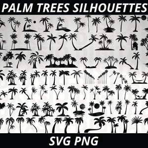 May include: A collection of 70 black palm tree silhouettes in various sizes and styles. The silhouettes are arranged in rows and columns on a white background. The text "PALM TREES SILHOUETTES" is at the top of the image and the text "SVG PNG" is at the bottom of the image.