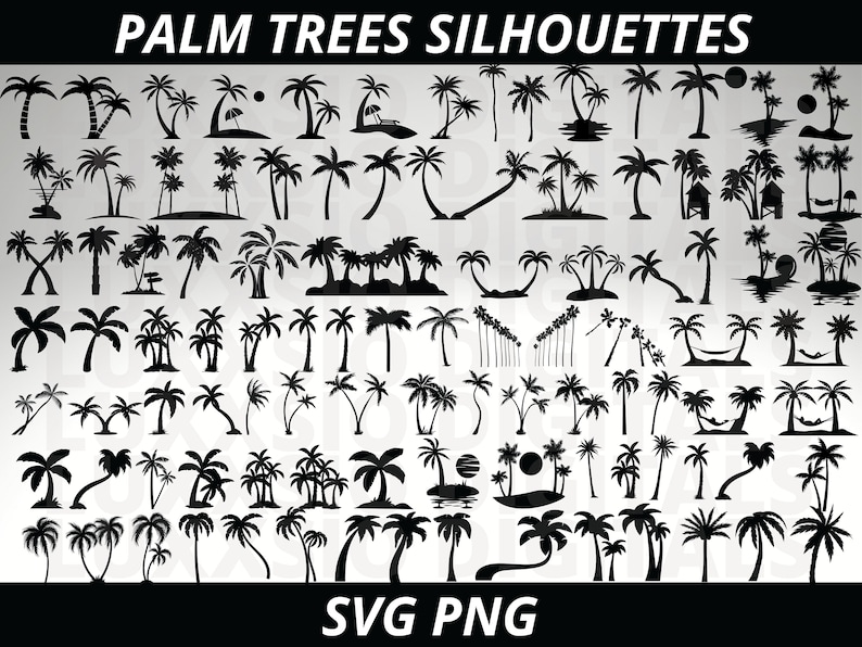 May include: A collection of 70 black palm tree silhouettes in various sizes and styles. The silhouettes are arranged in rows and columns on a white background. The text "PALM TREES SILHOUETTES" is at the top of the image and the text "SVG PNG" is at the bottom of the image.