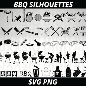 May include: Black and white SVG and PNG digital graphics featuring BBQ silhouettes. Includes images of grills, cooking utensils, food items like steaks and sausages, aprons, and people grilling. Text at the top reads "BBQ SILHOUETTES" and at the bottom "SVG PNG".