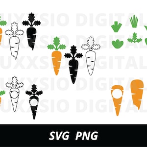 May include: A collection of carrot illustrations in various styles. The carrots are orange, black, and outlined in white, with green tops. Some carrots have a bite taken out of them. Additional green leaf and grass graphics are also included. The text "SVG PNG" is at the bottom.