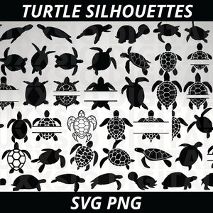 May include: A set of 40 black turtle silhouettes in various poses, including some with a blank space for personalization. The image includes the text "TURTLE SILHOUETTES" and "SVG PNG".