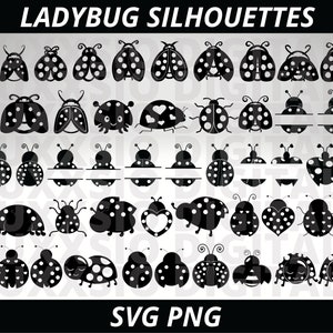 May include: A set of 40 black and white ladybug silhouette SVG and PNG files. The ladybugs are in various poses, including flying, crawling, and with hearts. The text "LADYBUG SILHOUETTES" and "SVG PNG" are at the top and bottom of the image.