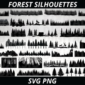 May include: A set of 20 black and white silhouette images of various forest scenes. The images include trees, bushes, and other forest elements. The images are perfect for use in crafts, scrapbooking, and other creative projects. The text "FOREST SILHOUETTES" and "SVG PNG" are also included in the image.