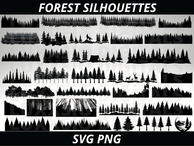May include: A set of 20 black and white silhouette images of various forest scenes. The images include trees, bushes, and other forest elements. The images are perfect for use in crafts, scrapbooking, and other creative projects. The text "FOREST SILHOUETTES" and "SVG PNG" are also included in the image.