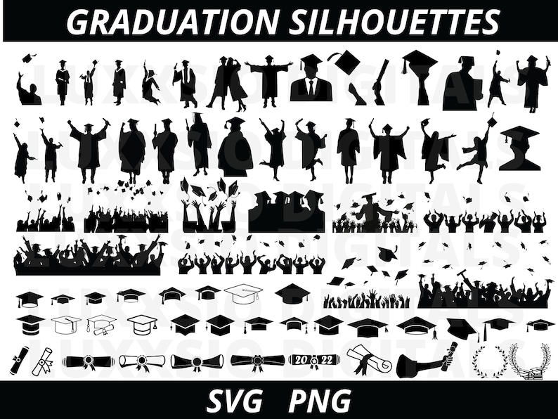 May include: A set of black graduation silhouettes, including individual graduates, groups of graduates, and graduation caps. The silhouettes are ideal for creating graduation cards, invitations, or scrapbook pages.